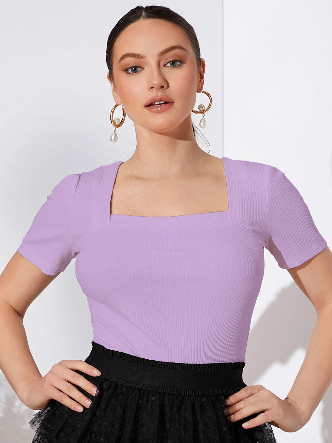 BAESD Ribbed Square Neck Knitted Casual Top