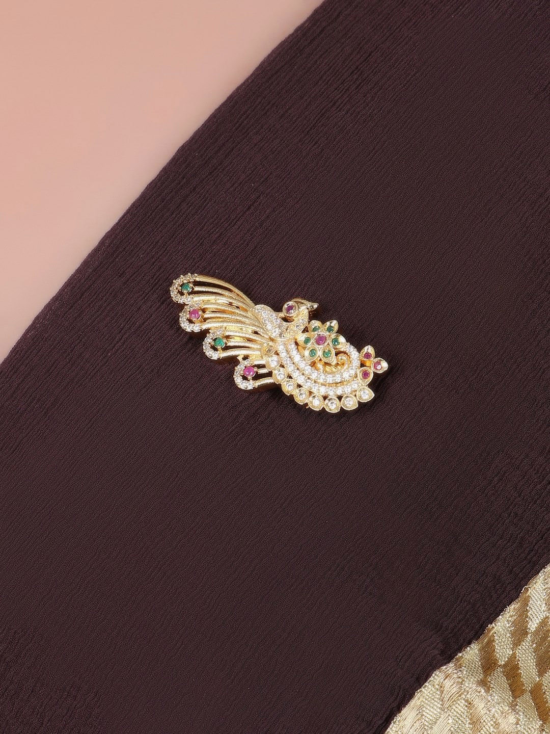 Adwitiya Collection Gold Plated Stone-Studded Peacock Design Brooch