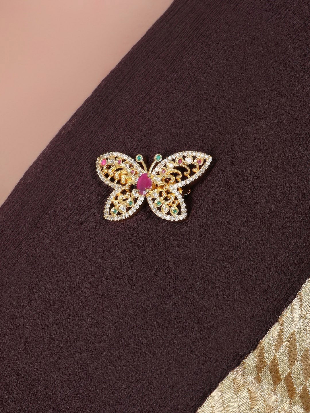 Adwitiya Collection Women Gold-Plated Stone Studded Butterfly Shape Brooch
