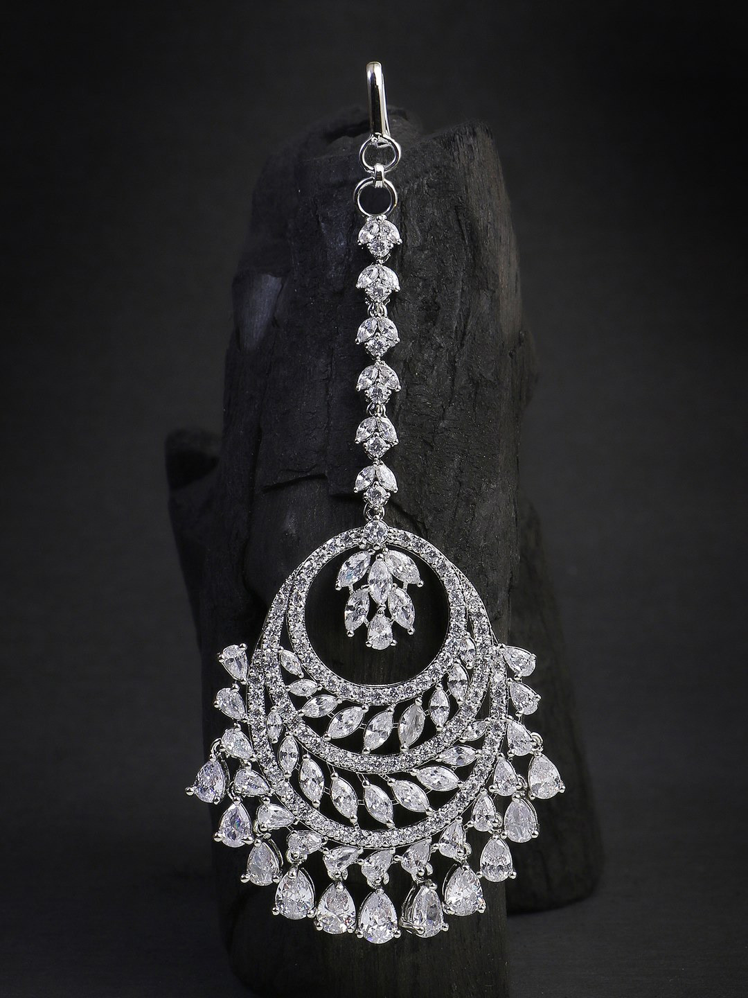Adwitiya Collection Rhodium-Plated Stone-Studded Head Maangtikka