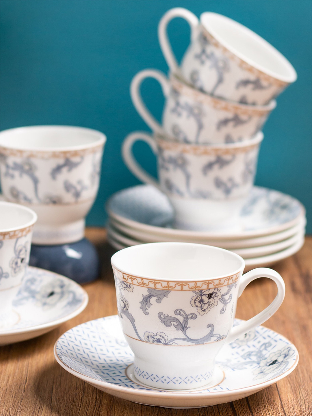 CLAY CRAFT White & Blue 12 Pieces Printed Ceramic Glossy Cups and Saucers 180 ml