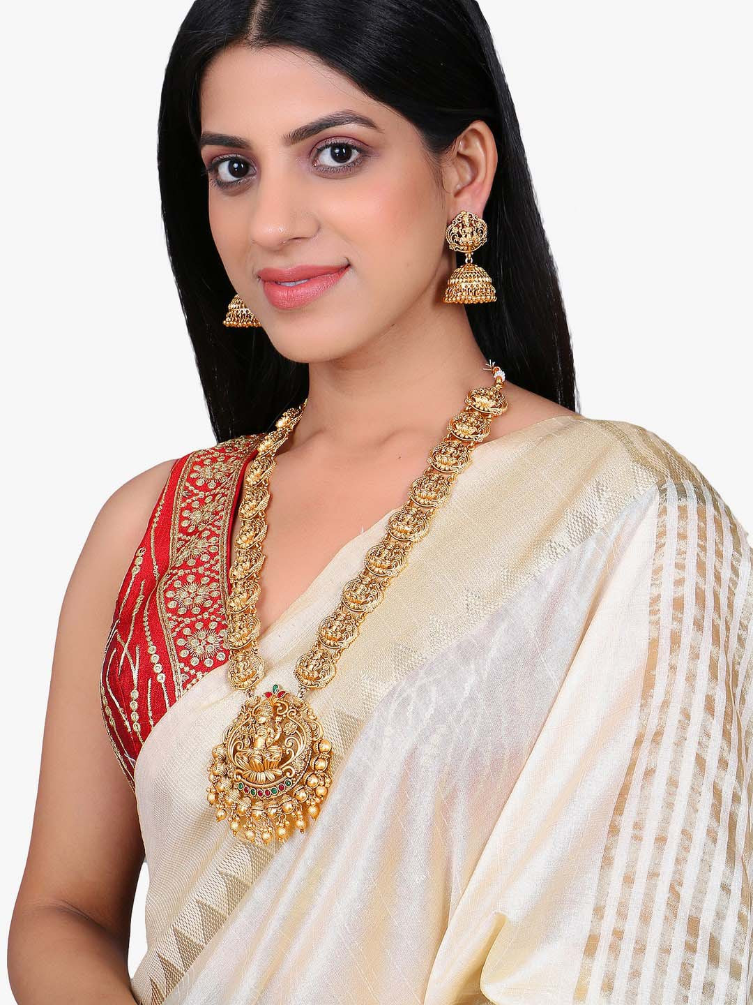 Adwitiya Collection Gold-Plated Artificial Stone Studded Temple Jewellery Set