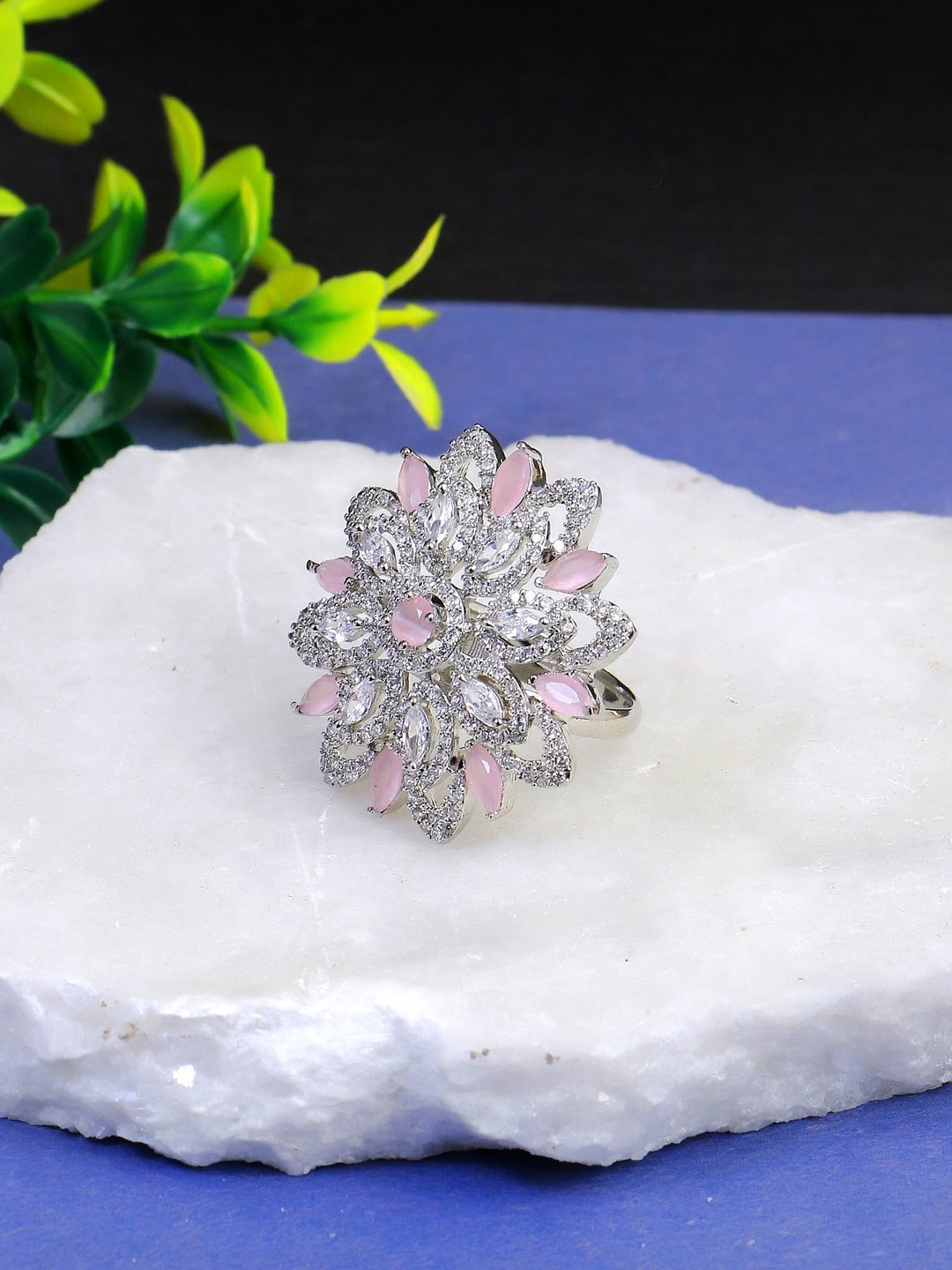 Adwitiya Collection Rhodium Plated Stone Studded Flower Shape Finger Ring