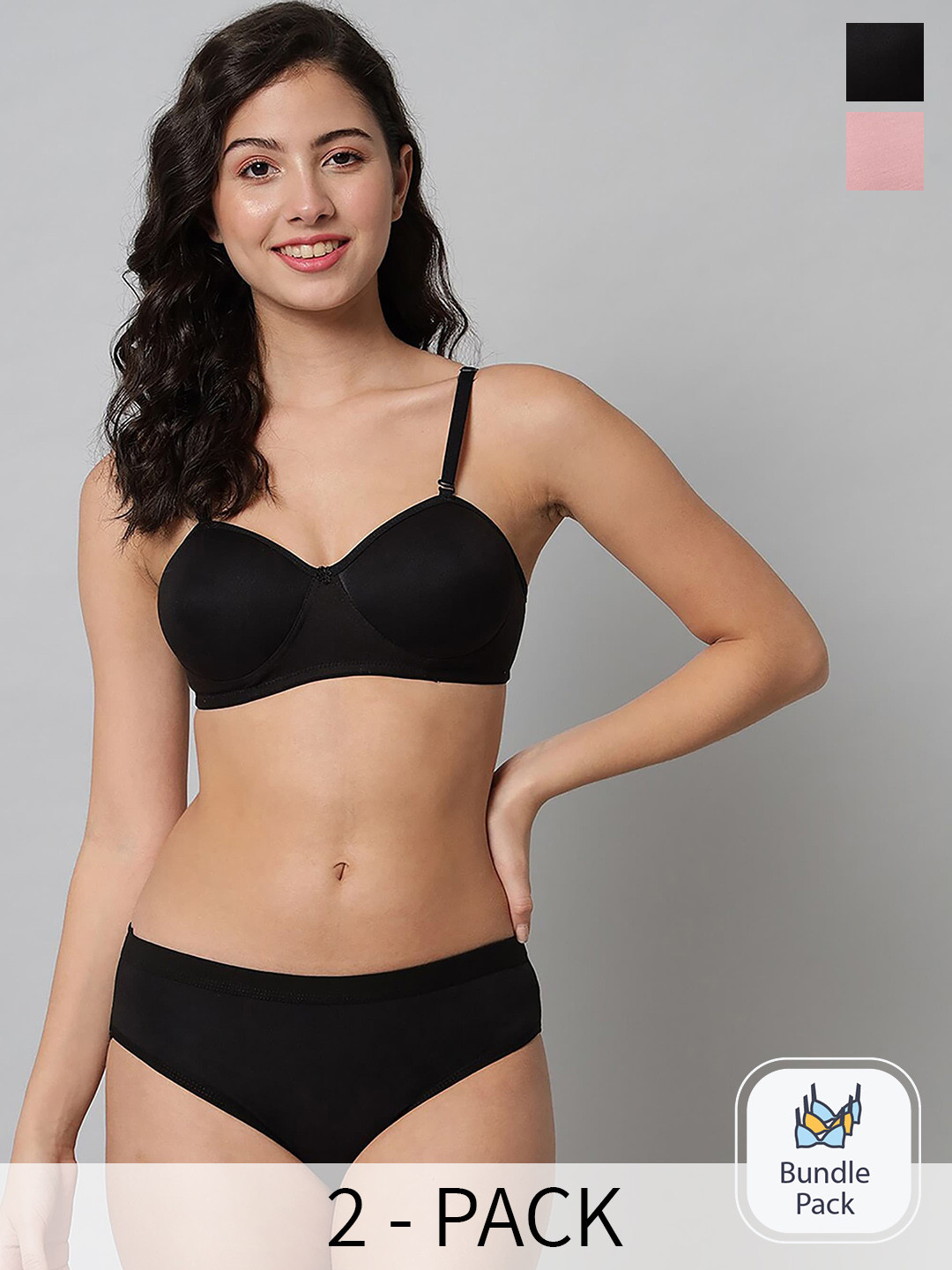 AROUSY Pack Of 2 Cotton Non-Padded Lingerie Set ST_Demi set_Pink,Black_30