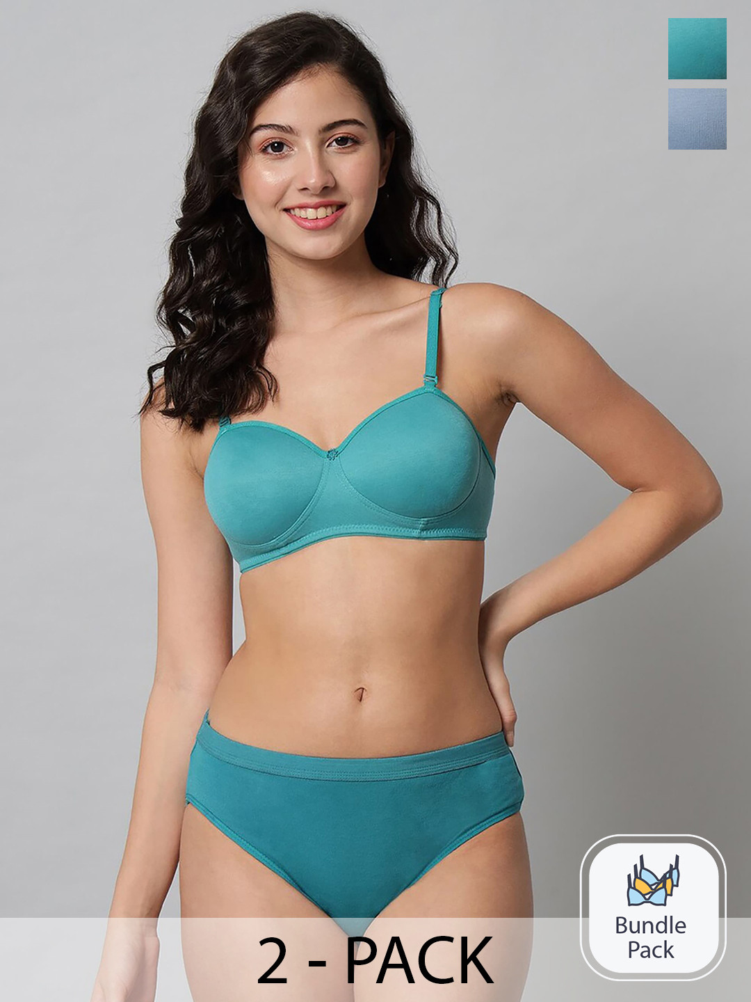 AROUSY Pack Of 2 Non-Padded Cotton Lingerie Set ST_Demi set_Blue,Green_30