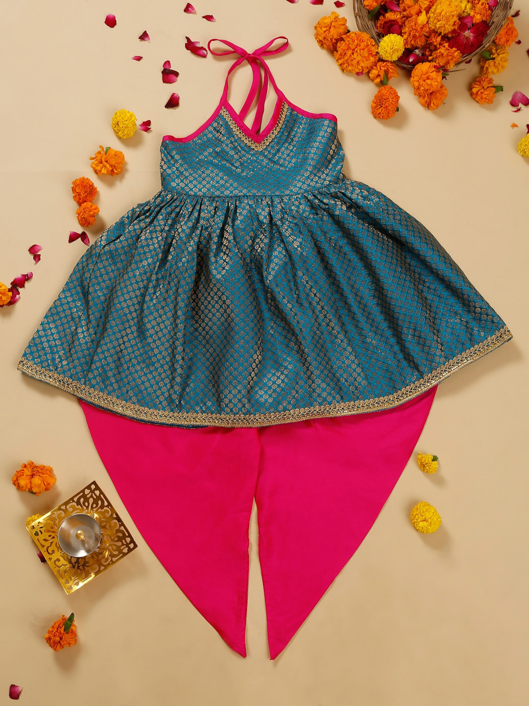 SAKA DESIGNS Infant Girls Woven Design Halter Neck Dupion Silk Kurta with Dhoti Pants