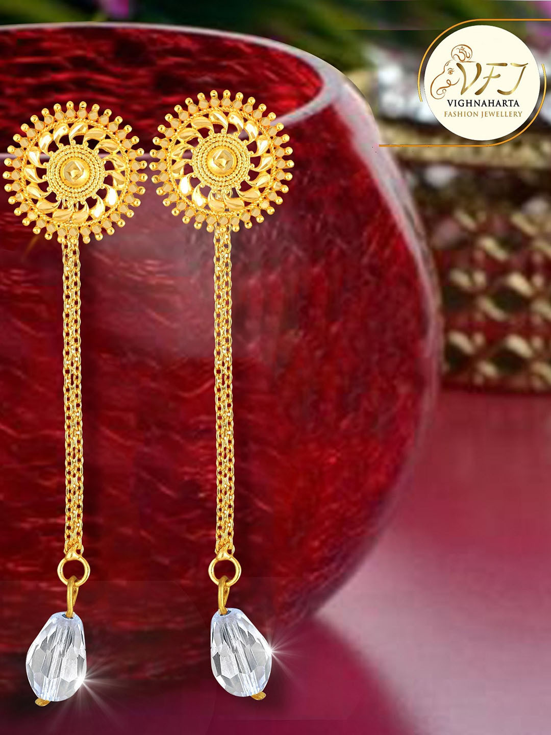 Vighnaharta Gold-Plated Removable Studs & Chain Drop Earrings