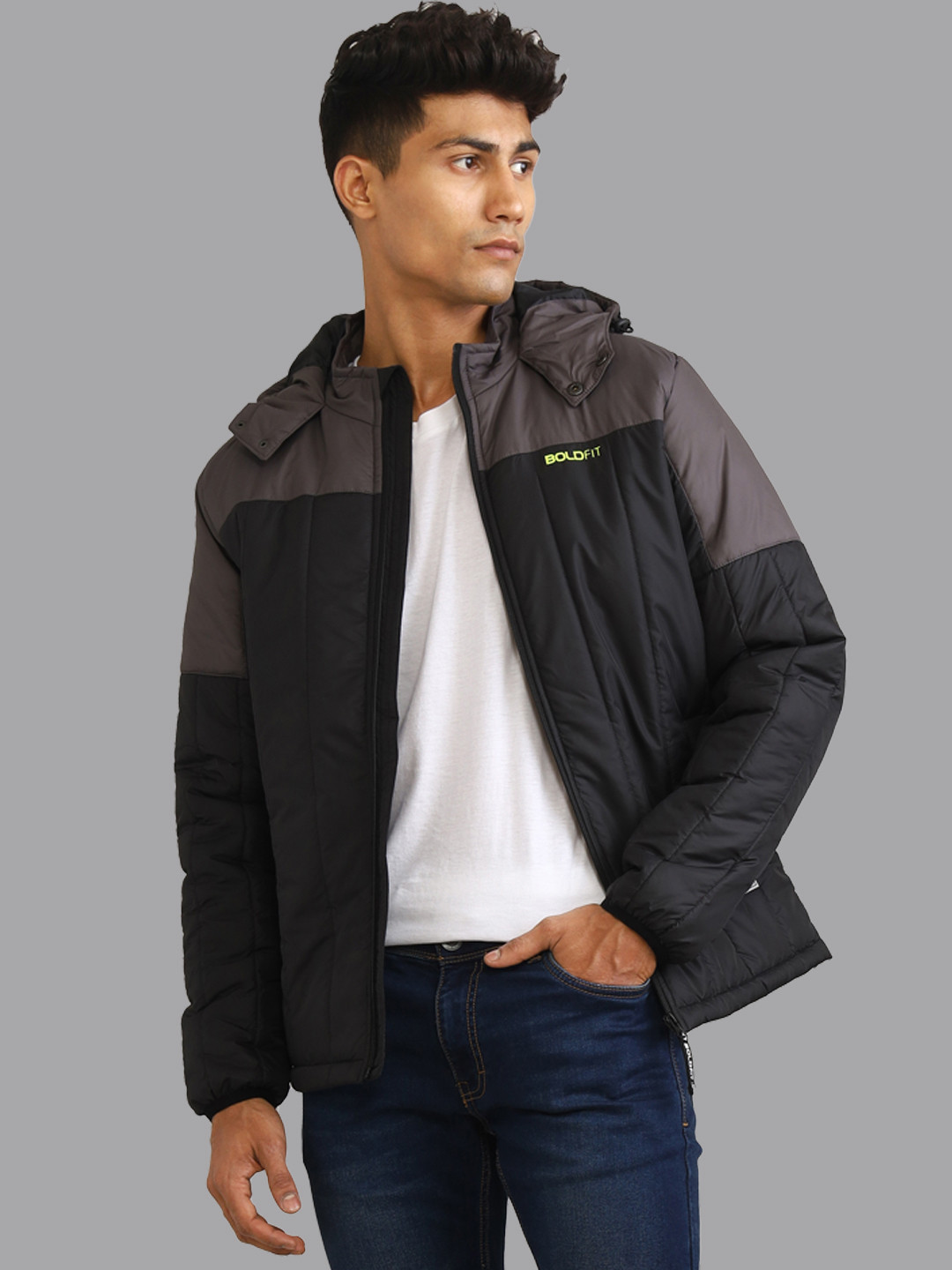 BOLDFIT Colourblocked Windcheater Outdoor Quilted Hooded Padded Jacket