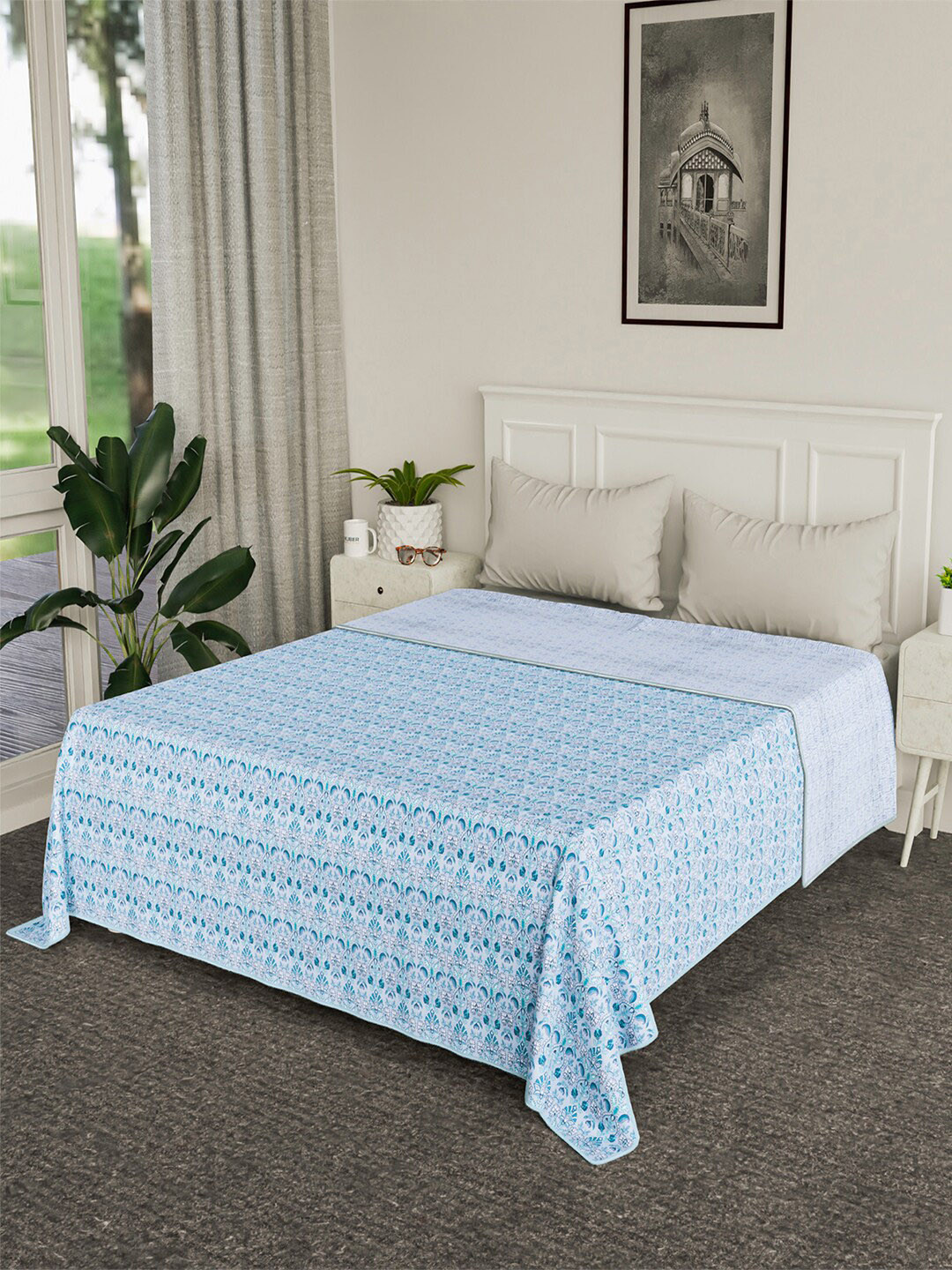 Kuber Industries Grey & Sea Green AC Room Cotton 120 GSM Reversible Double Bed Blanket