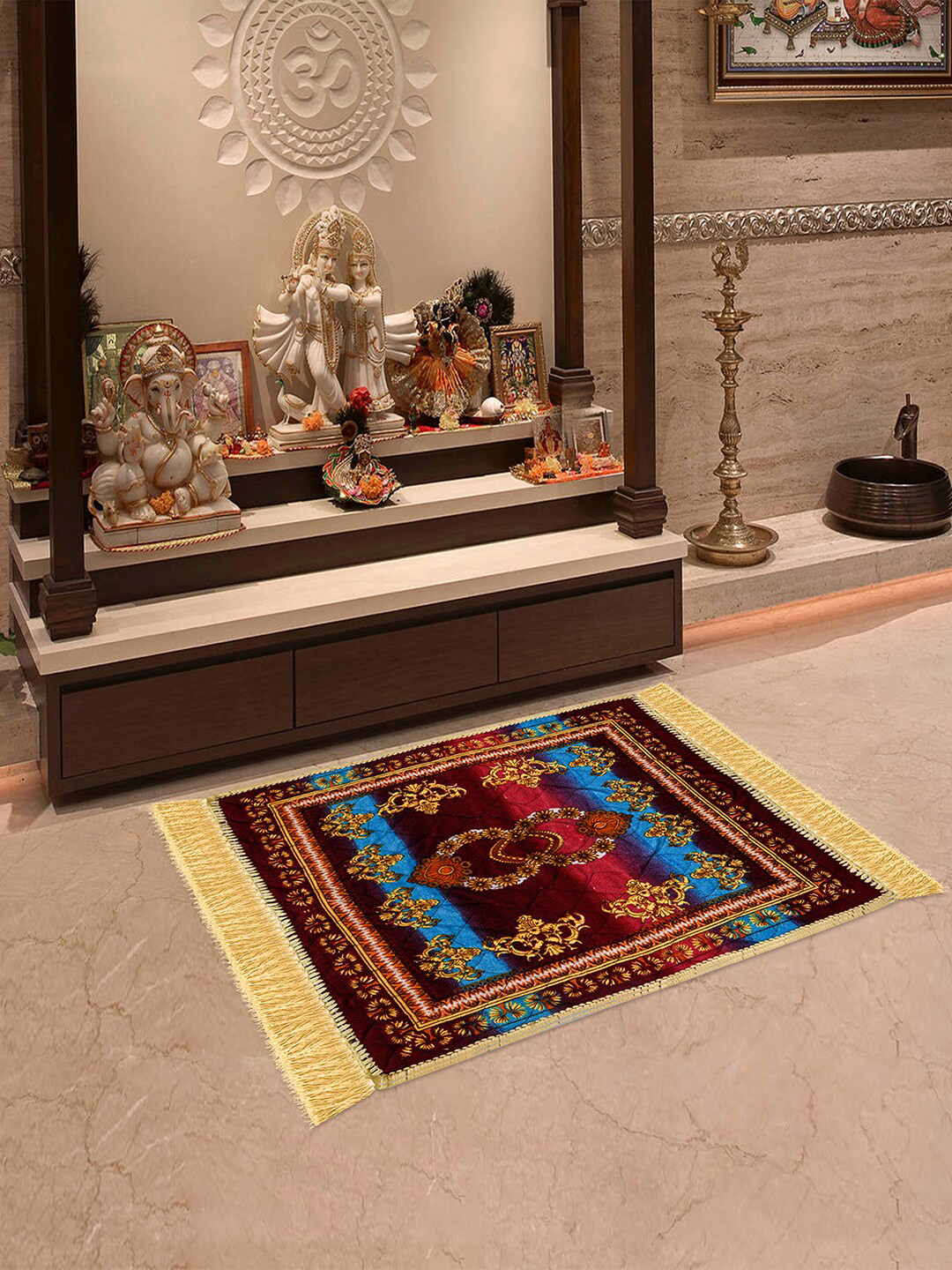 Kuber Industries Maroon & Yellow 2 Pieces Traditional Pattern Velvet Prayer Mats