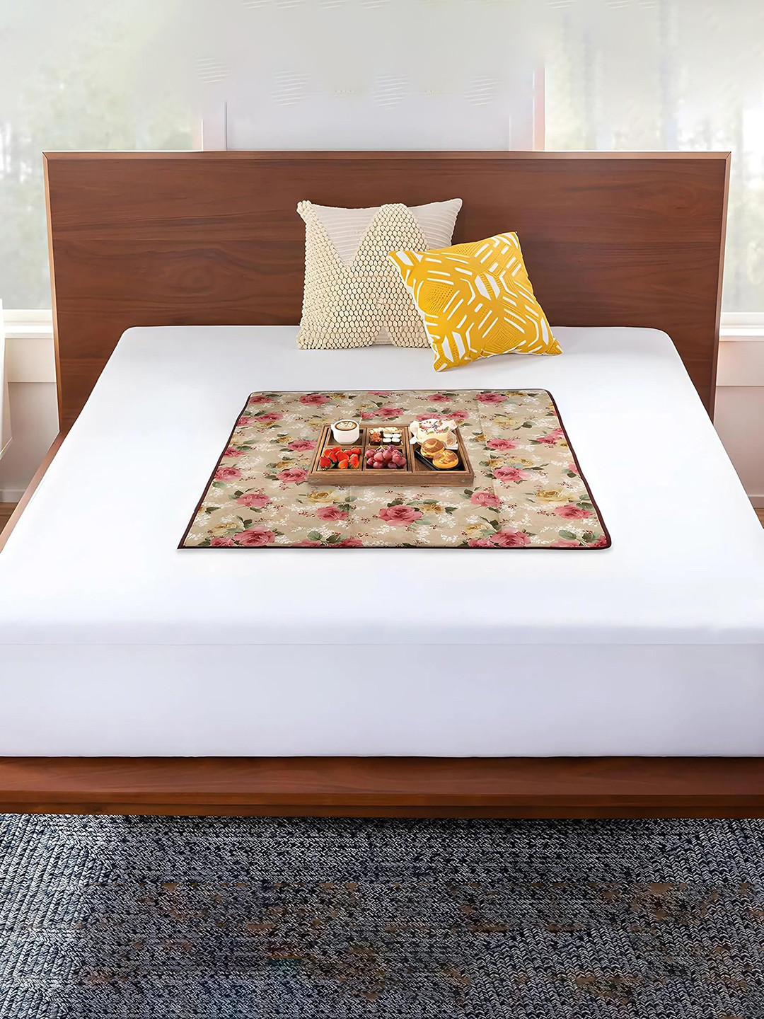 Kuber Industries Beige & Brown Floral Reversible Waterproof Bed Server Mat
