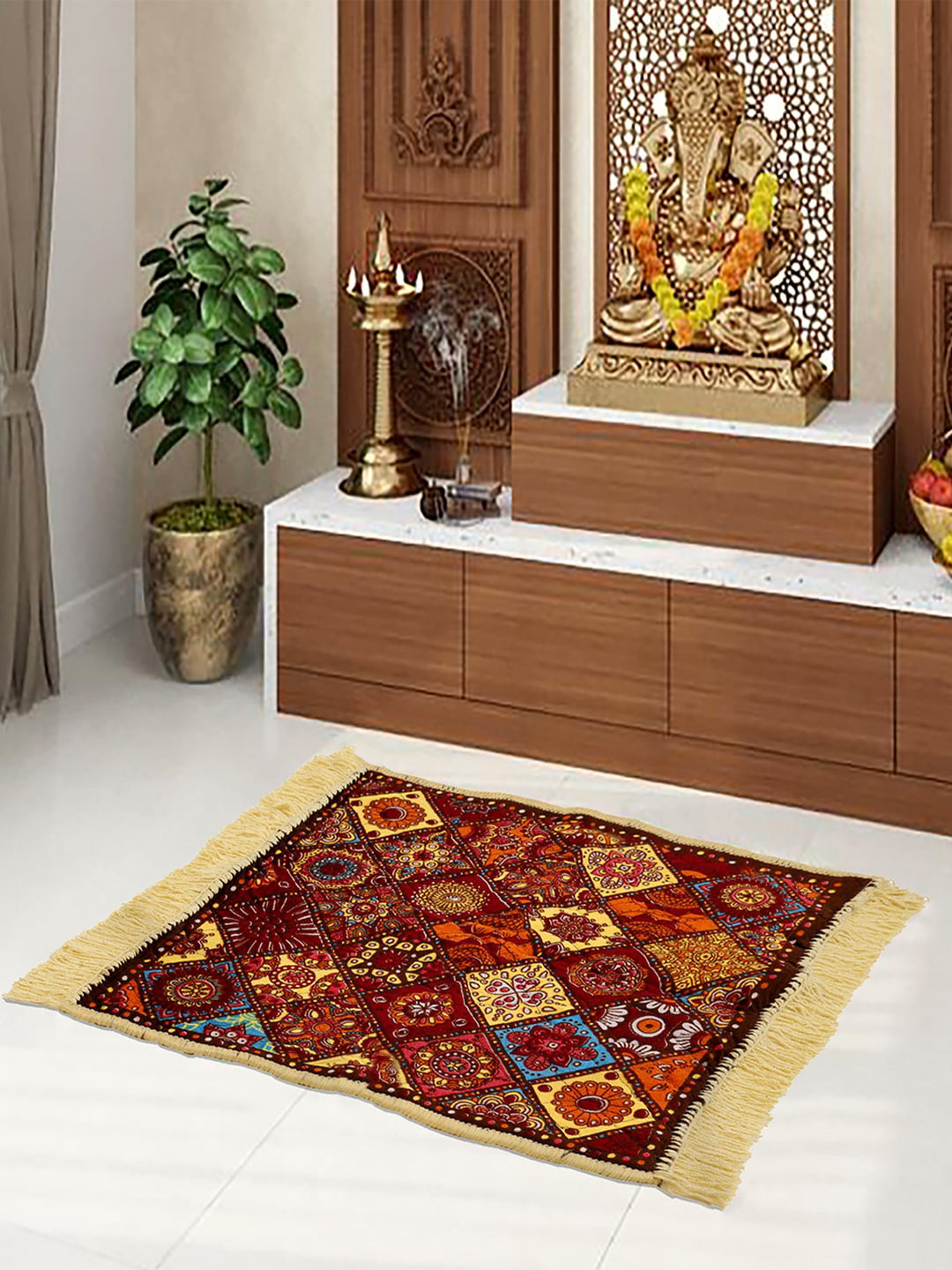 Kuber Industries Maroon & Yellow 2 Pieces Traditional Pattern Velvet Prayer Mats