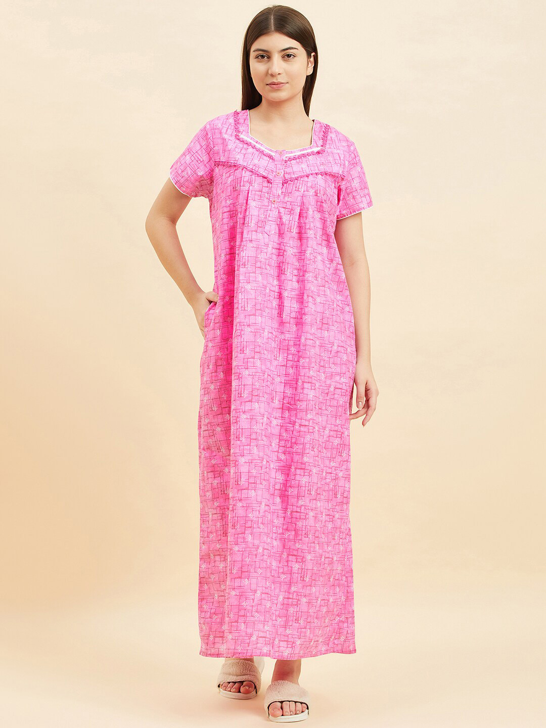 Sweet Dreams Pink Geometric Printed Square Neck Pure Cotton Maxi Nightdress