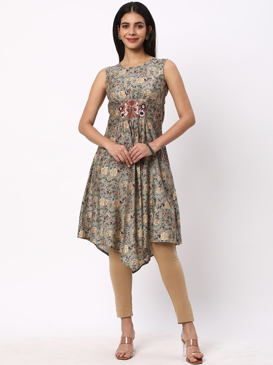 R&B Floral Printed Thread Work A-Line Kurta