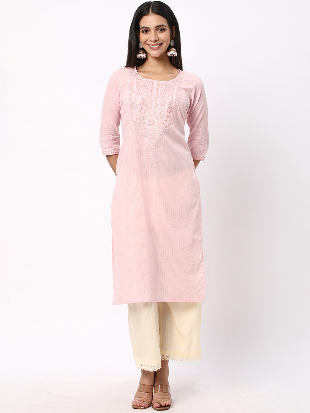 R&B Floral Embroidered Round Three-Quarter Sleeves Straight Cotton Kurta