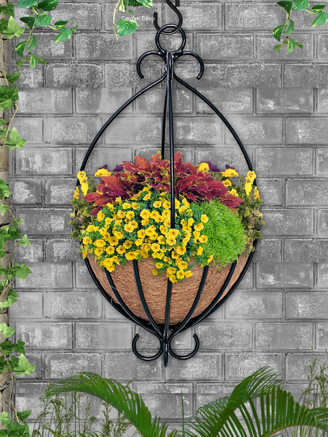 Garden Deco Black & Brown Spanish Coco Basket Planter With Metal Detachable Hanger