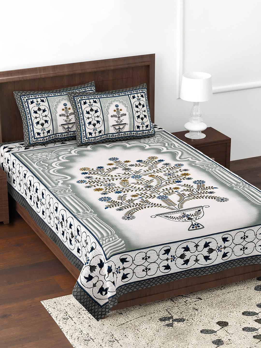 JAIPUR FABRIC Hearty Welcome White Ethnic Motifs Cotton 180 TC Single Fine Bedsheet with 2 Pillow Covers-100 x 70 inches