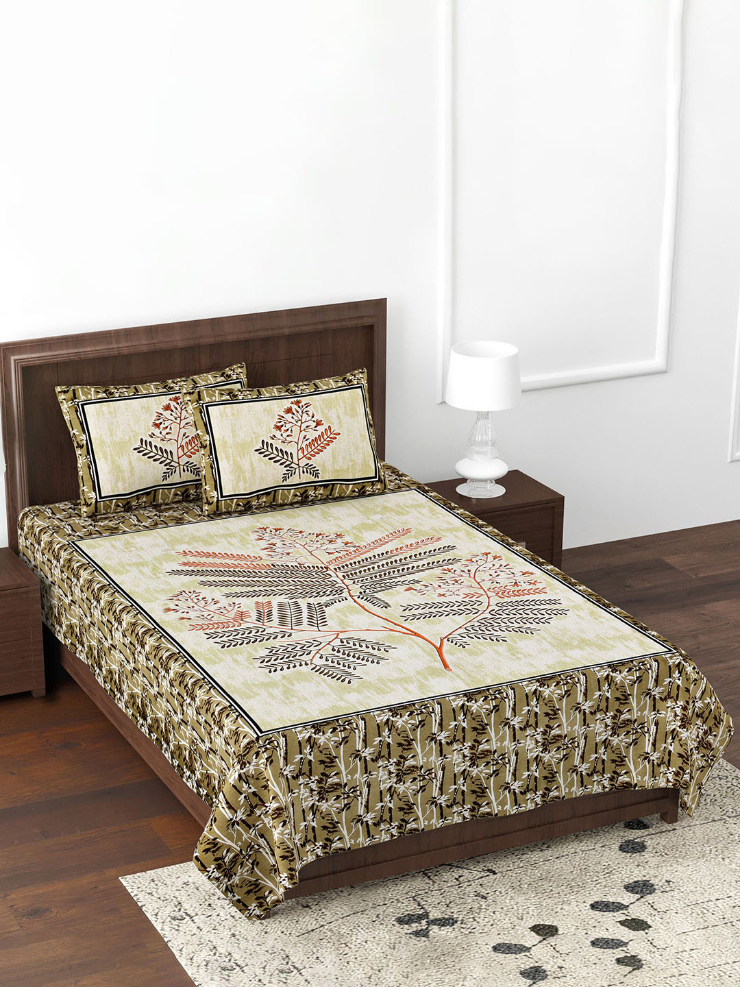 JAIPUR FABRIC Beautiful Branch Brown Floral Cotton 180 TC Single Fine Bedsheet with 2 Pillow Covers-70 x 100 inches