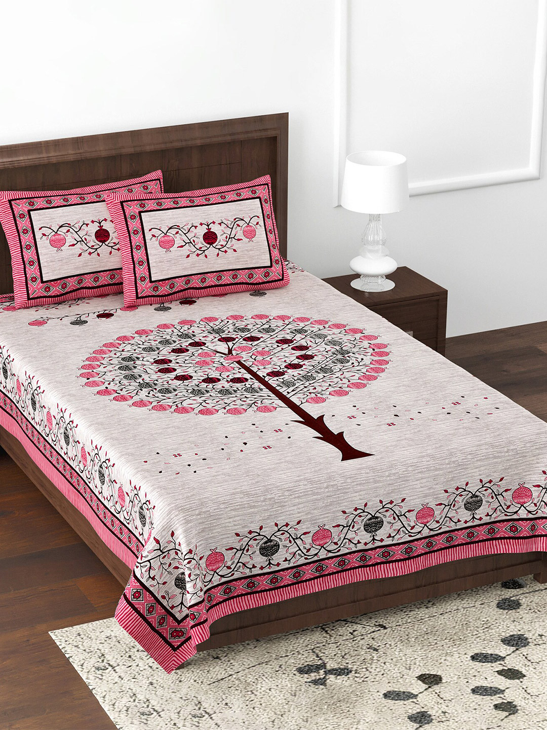 JAIPUR FABRIC Jaipuri Traditonal Beige Ethnic Motifs Cotton 180 TC Single Fine Bedsheet with 2 Pillow Covers-100 x 71 inches