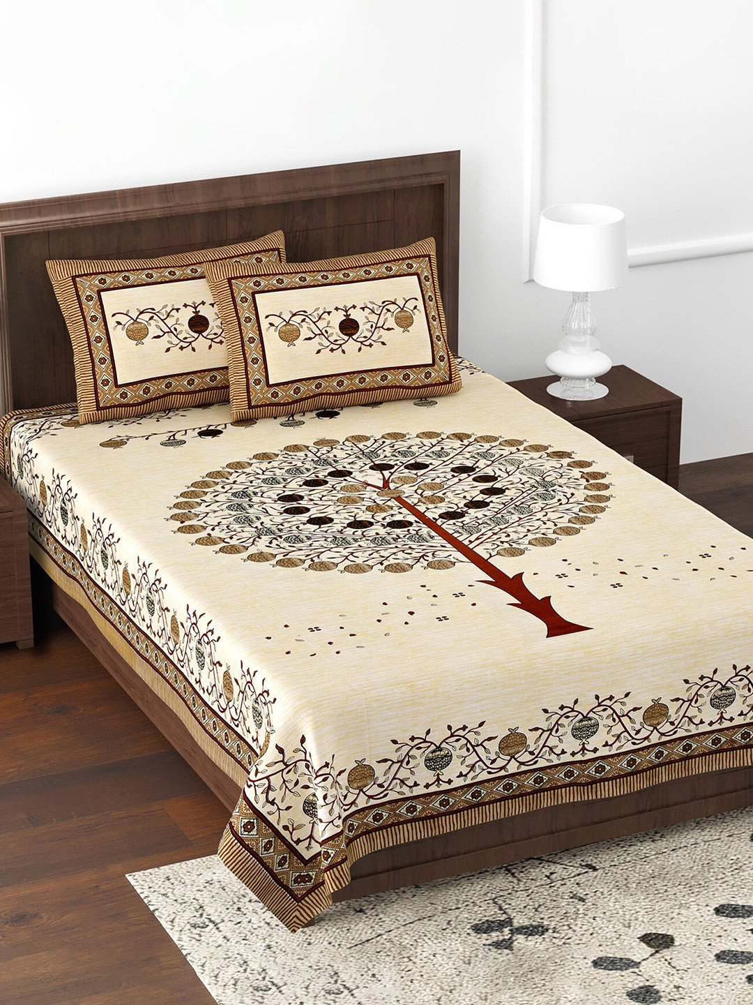JAIPUR FABRIC Festive Creation Brown Graphic Cotton 180 TC Double Fine Bedsheet with 2 Pillow Covers-70 x 100 inches
