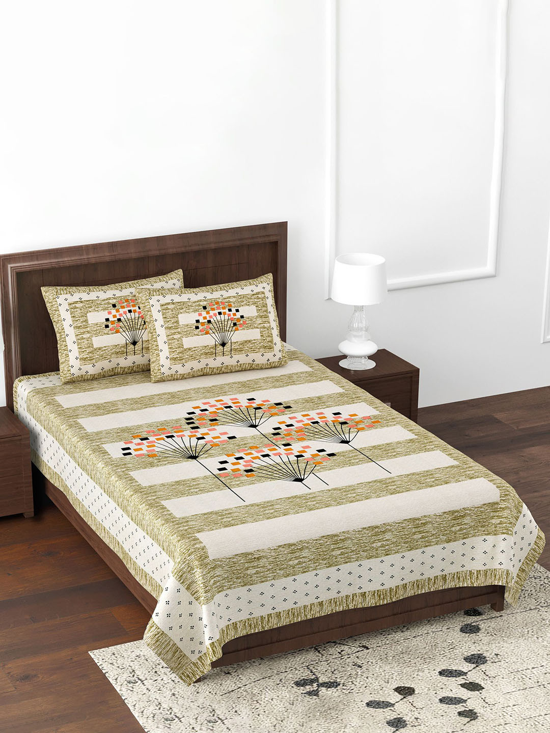 JAIPUR FABRIC Fancy Fans Cream Floral Cotton 180 TC Single Fine Bedsheet with 2 Pillow Covers-274.13 x 100 inches