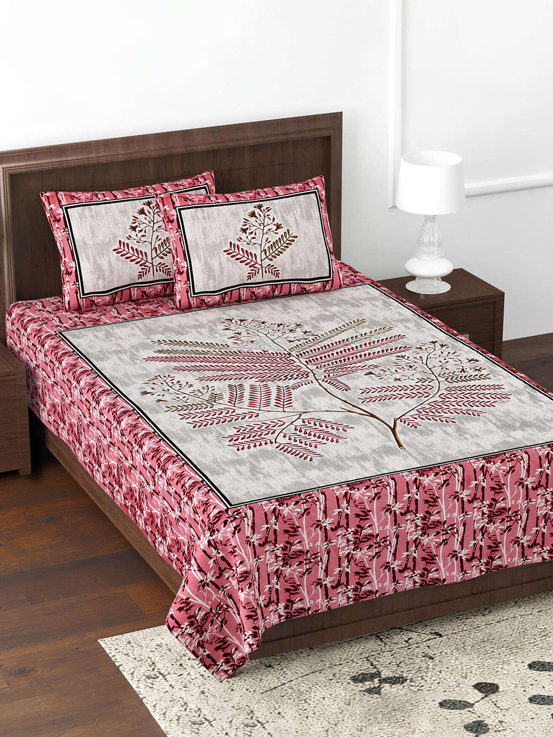 JAIPUR FABRIC Beautiful Branch Pink Floral Cotton 180 TC Double Fine Bedsheet with 2 Pillow Covers-100 x 70 inches