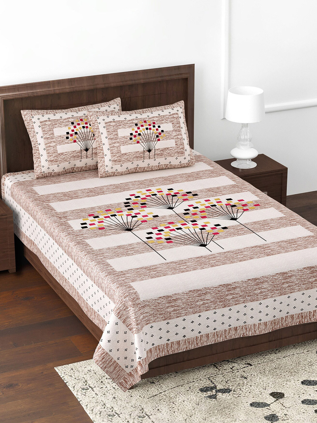 JAIPUR FABRIC Fancy Fans Brown Ethnic Motifs Cotton 180 TC Single Fine Bedsheet with 2 Pillow Covers-70 x 100 inches