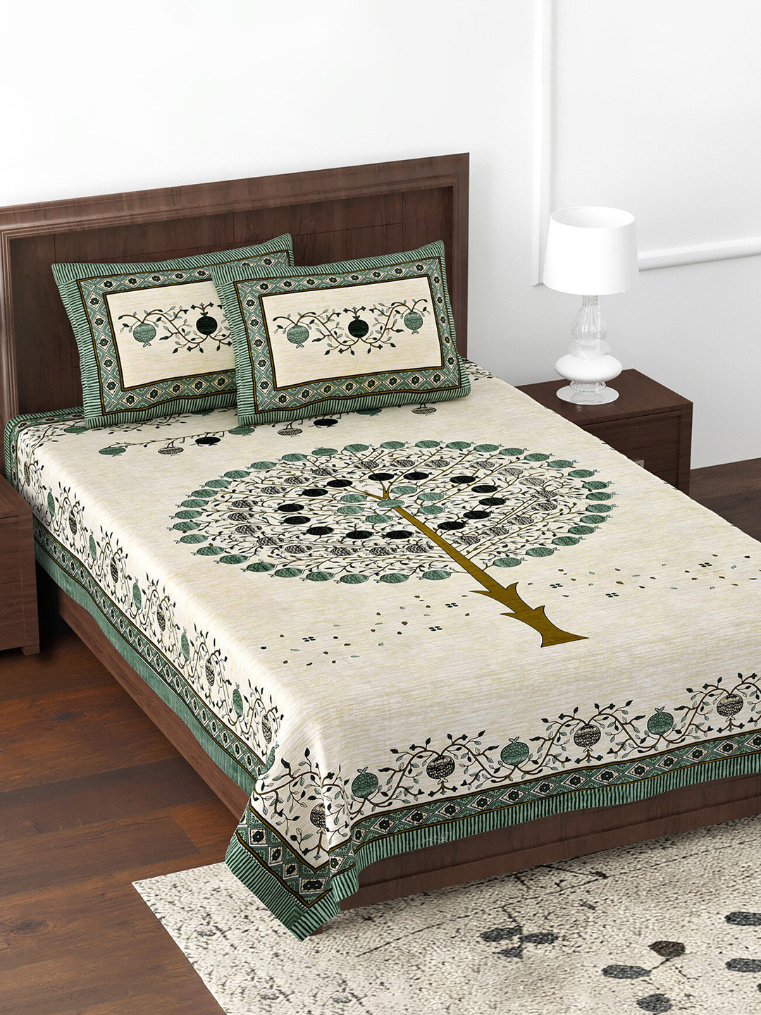 JAIPUR FABRIC Festive Creation Cream Ethnic Motifs Cotton 180 TC Single Fine Bedsheet with 2 Pillow Covers-35 x 79 inches