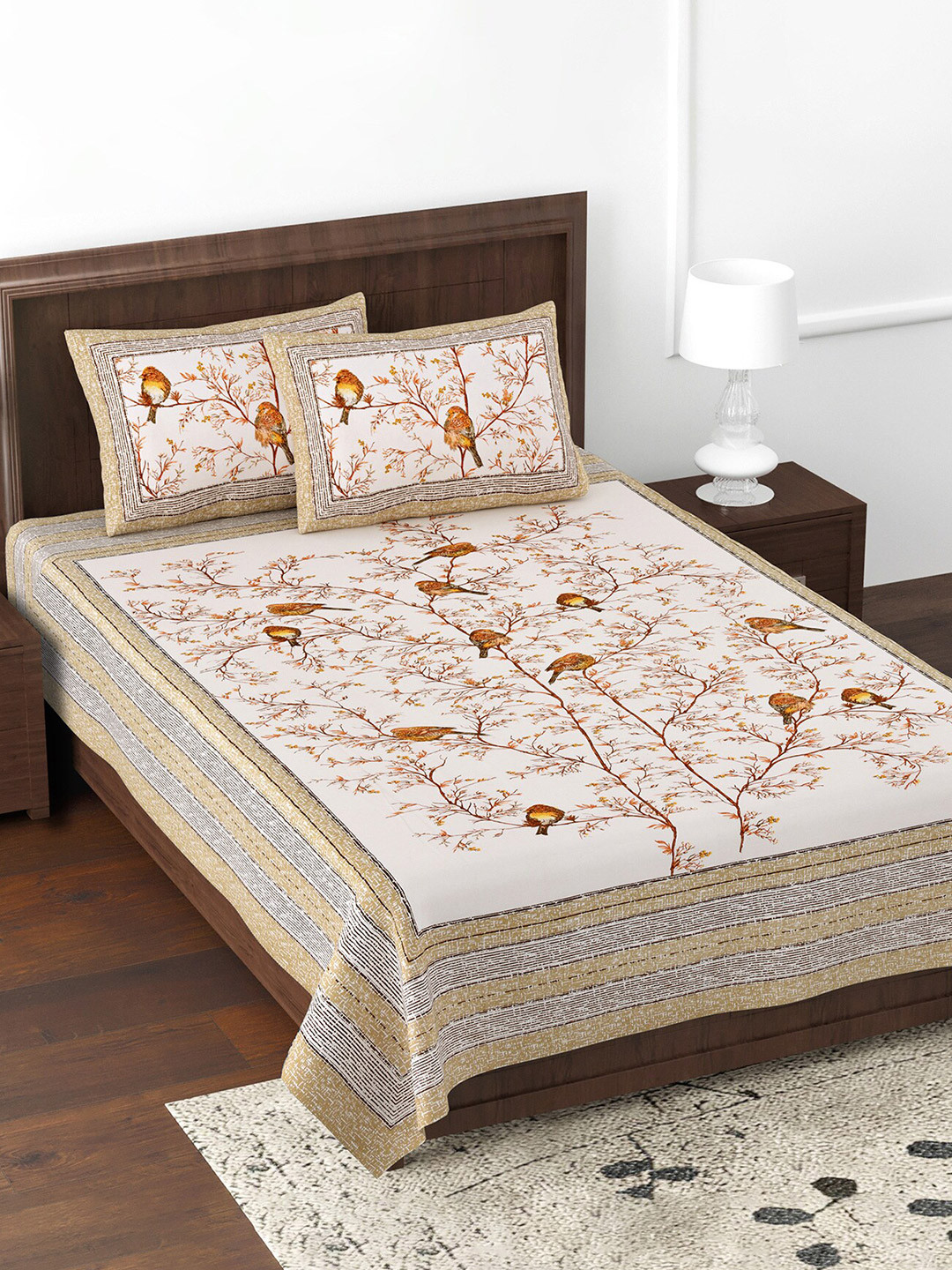JAIPUR FABRIC The Natural World Cream Ethnic Motifs Cotton 180 TC Double Fine Bedsheet with 2 Pillow Covers-70 x 100 inches