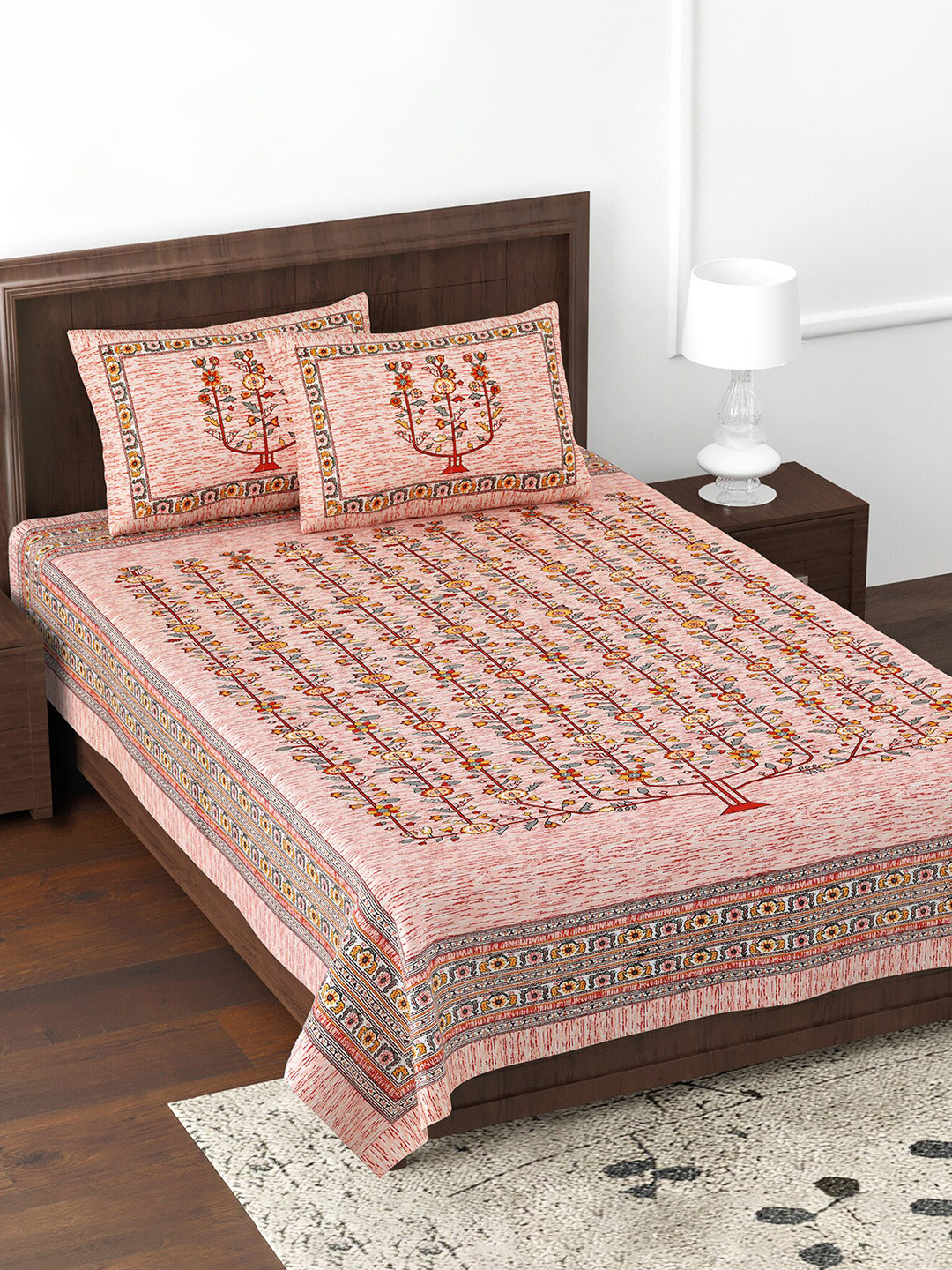 JAIPUR FABRIC Marking Celebration Pink Ethnic Motifs Cotton 180 TC Double Fine Bedsheet with 2 Pillow Covers-70 x 100 inches