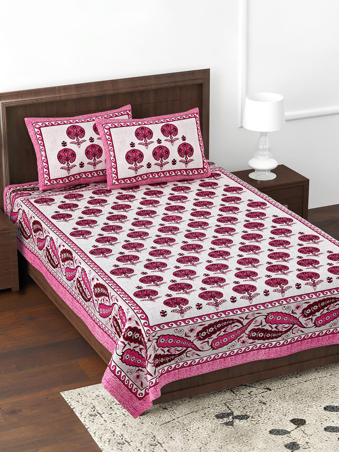 JAIPUR FABRIC Leafland White Ethnic Motifs Cotton 180 TC Double Fine Bedsheet with 2 Pillow Covers-100 x 70 inches