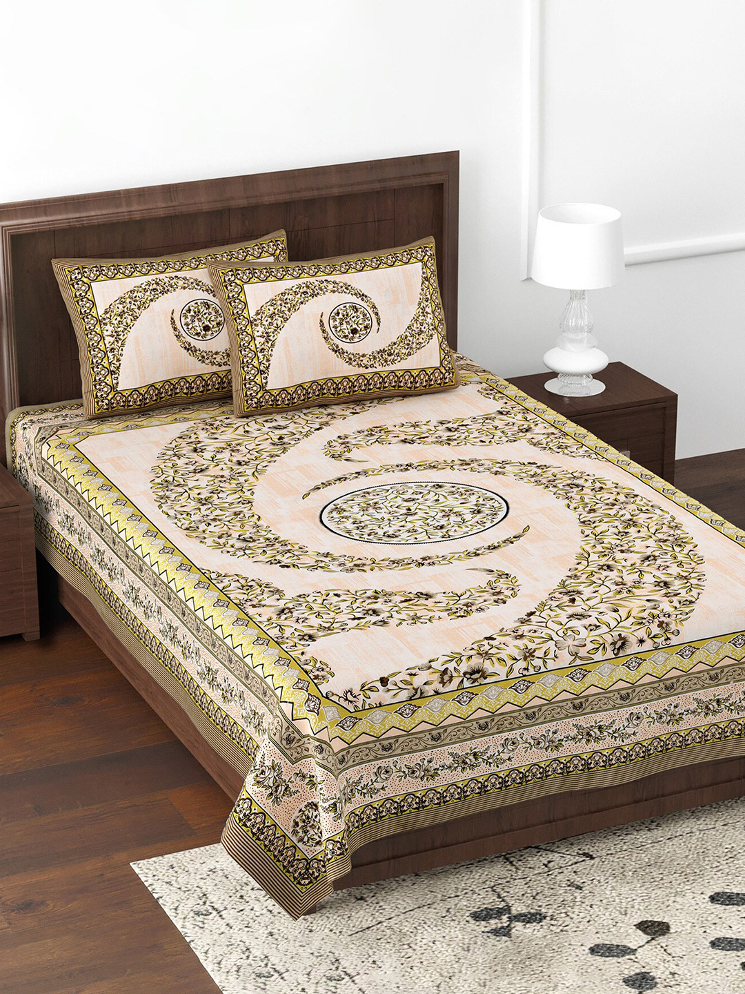 JAIPUR FABRIC The Floral Cosmos Pink Ethnic Motifs Cotton 180 TC Double Fine Bedsheet with 2 Pillow Covers-70 x 100 inches