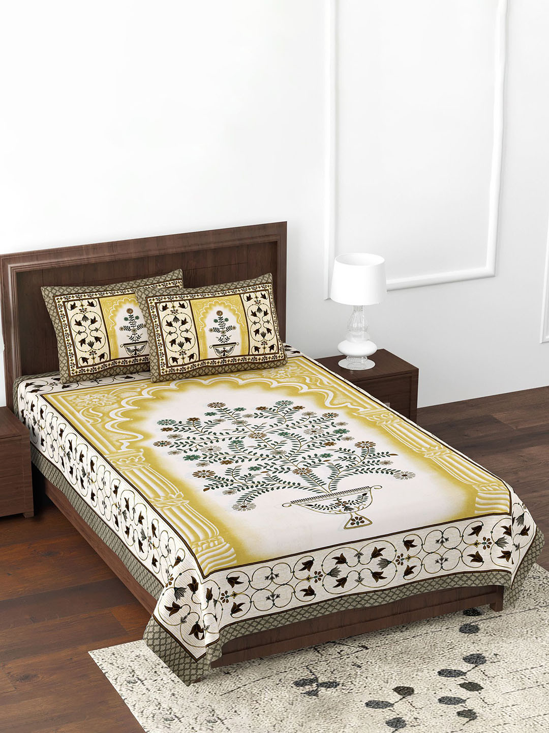 JAIPUR FABRIC Yellow Ethnic Motifs Cotton 180 TC Double Fine Bedsheet with 2 Pillow Covers-70 x 100 inches