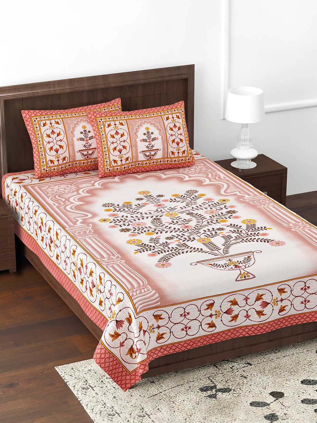JAIPUR FABRIC Hearty Welcome Pink Ethnic Motifs Cotton 180 TC Double Fine Bedsheet with 2 Pillow Covers-100 x 70 inches