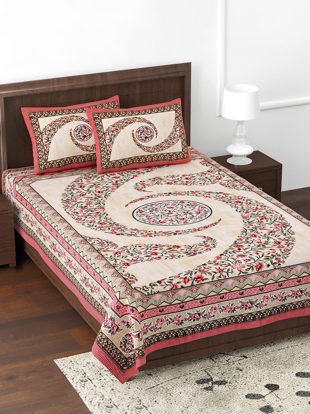 JAIPUR FABRIC Pink Floral Cotton 180 TC Single Fine Bedsheet with 2 Pillow Covers-177 x 254 cm