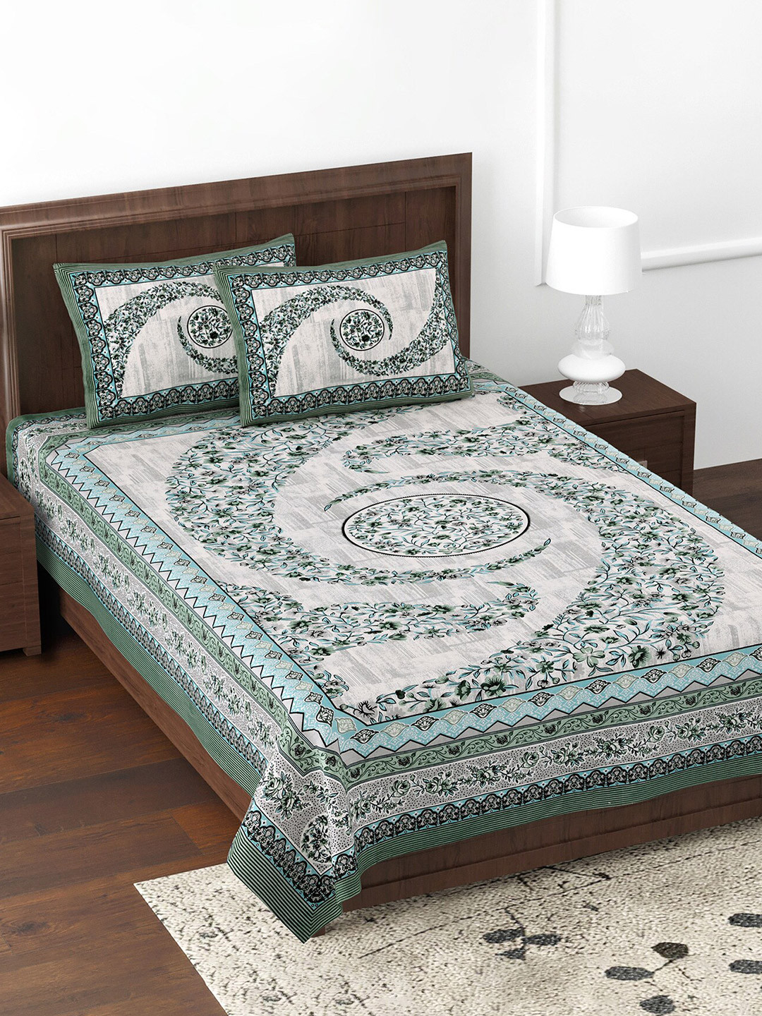 JAIPUR FABRIC The Floral Cosmos Grey Ethnic Motifs Cotton 180 TC Double Fine Bedsheet with 2 Pillow Covers-100 x 70 inches