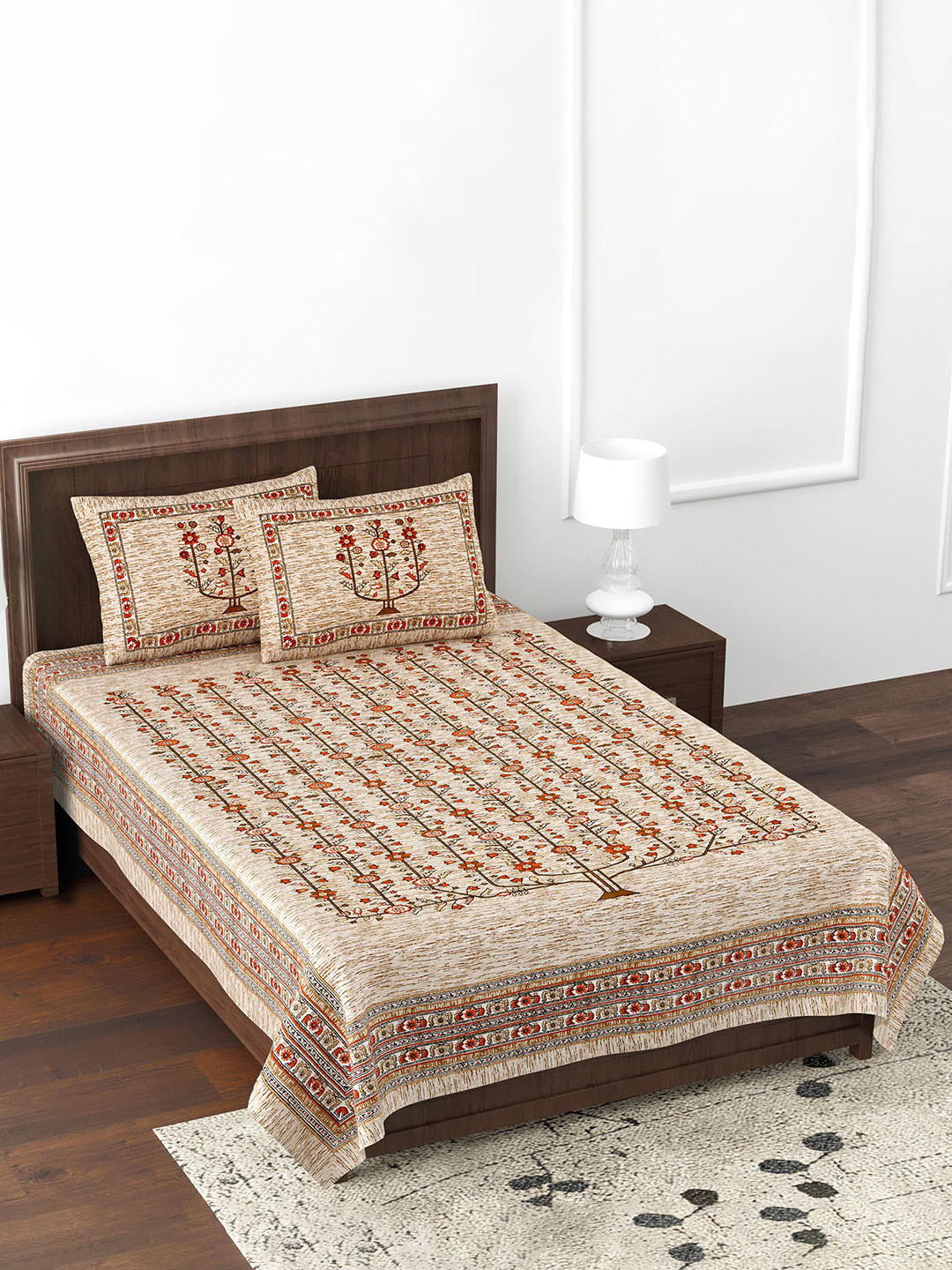 JAIPUR FABRIC Marking Celebration Beige Floral Cotton 180 TC Double Fine Bedsheet with 2 Pillow Covers-70 x 100 inches