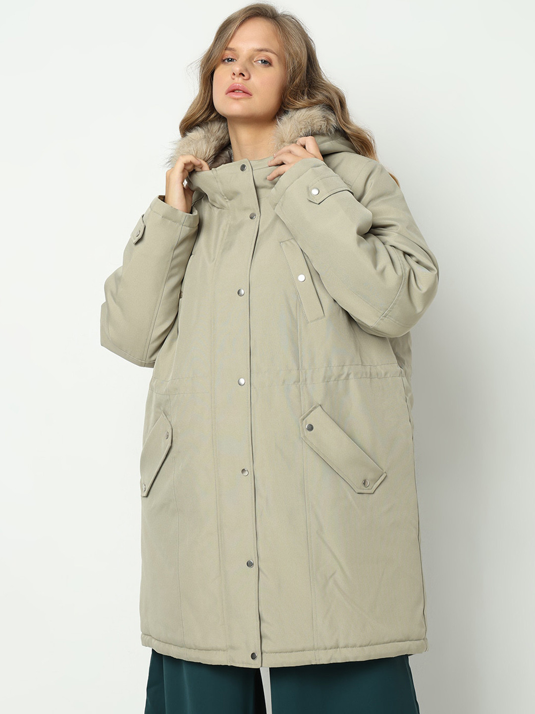 VERO MODA CURVE Long Sleeves Faux Fur Trim Longline Hooded Parka Coat