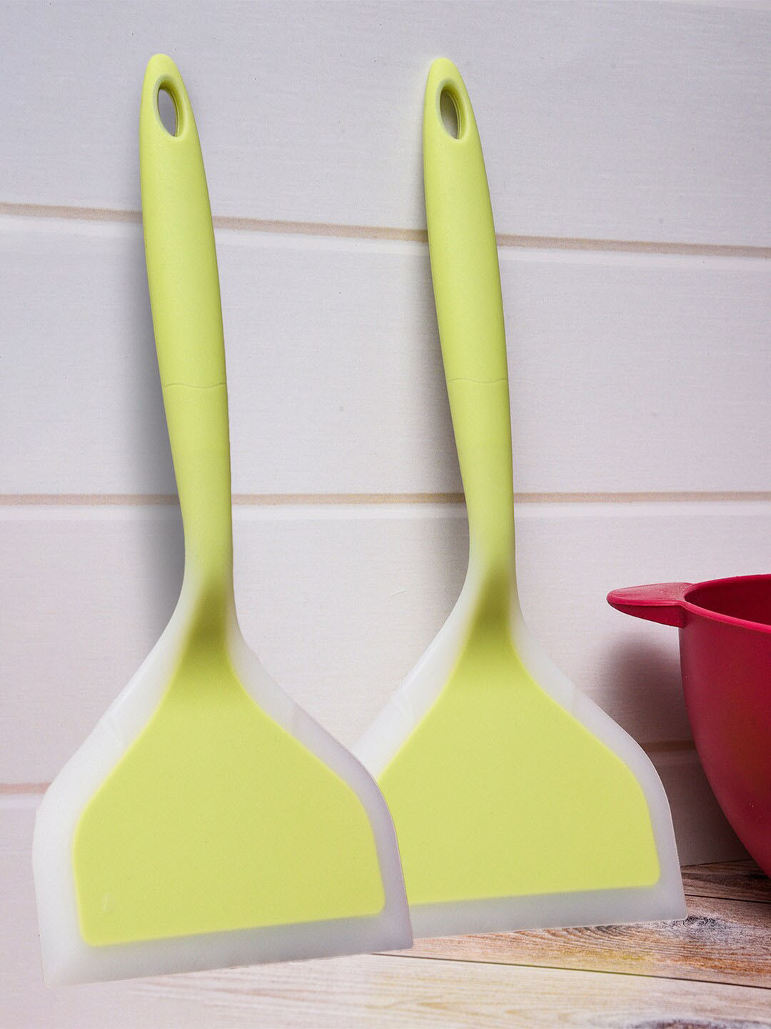 Kuber Industries 2 Pcs Green & White Wide Silicone Omelet Turner Spatula