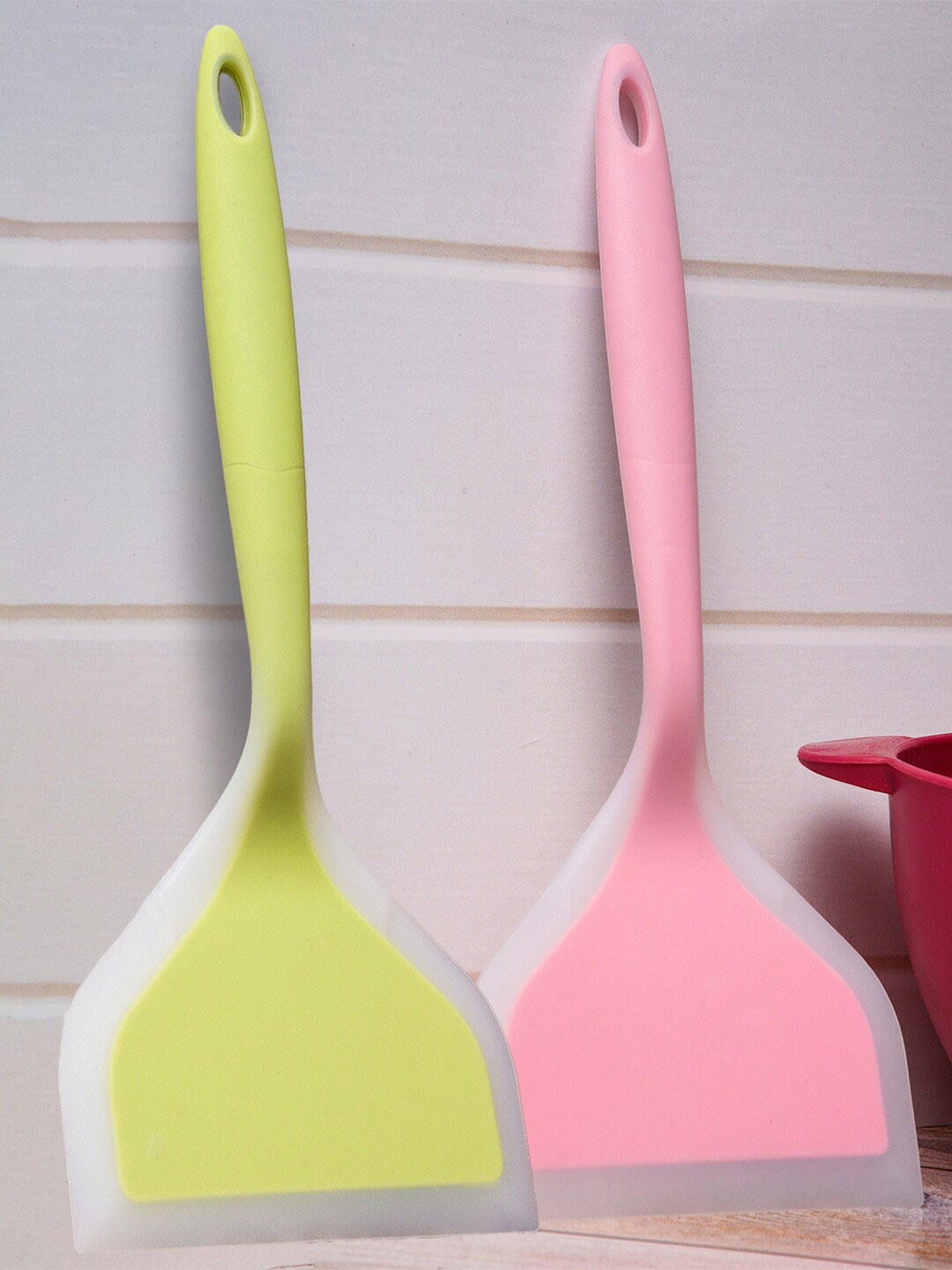 Kuber Industries 2 Pcs Green & Pink Wide Omelet Turner Spatula