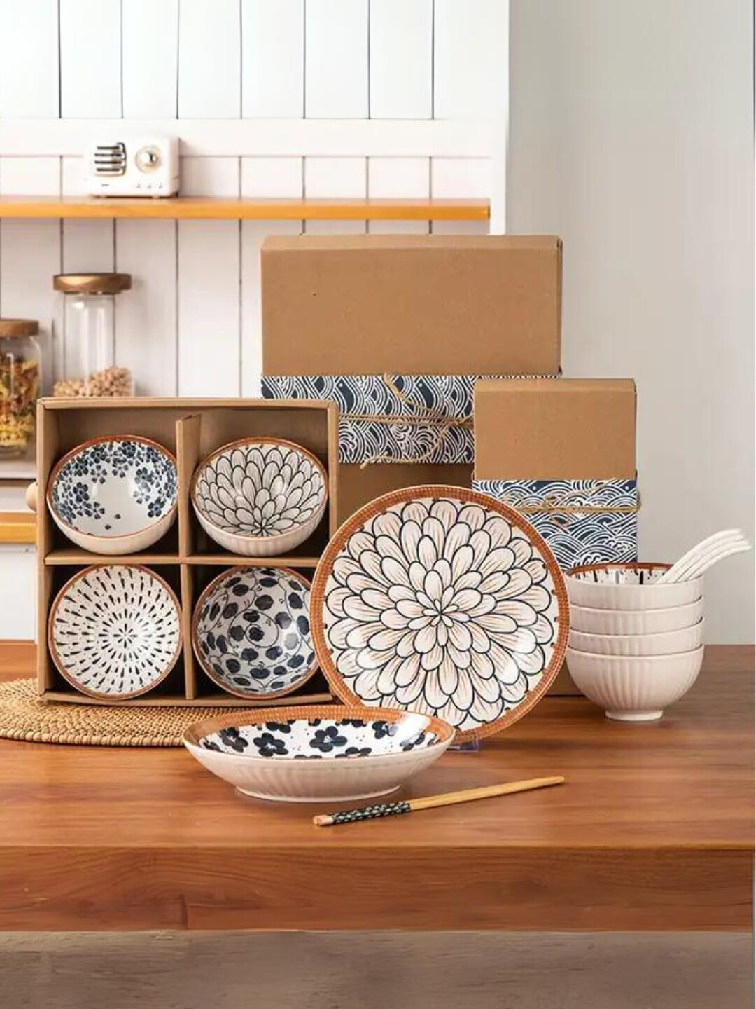 YELONA Japanese Ramen White Floral Porcelain Microwave Safe 14 Piece Dinner Set