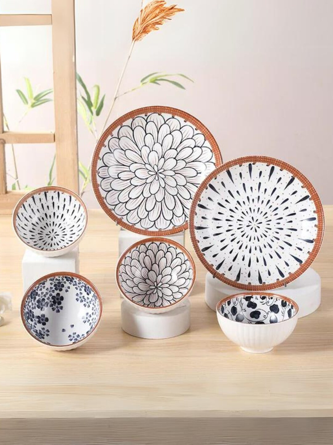 YELONA Japanese Ramen White Floral Porcelain Dishwasher and Microwave Safe 6 Piece Dinner Set