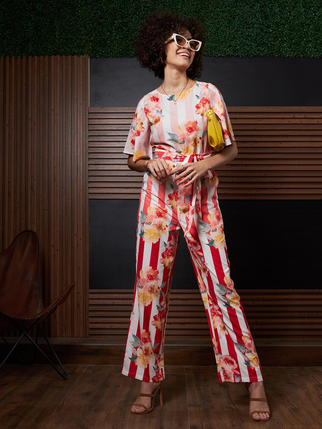 Athena Red & White Floral Printed Basic Jumpsuit Waist Tie-Ups
