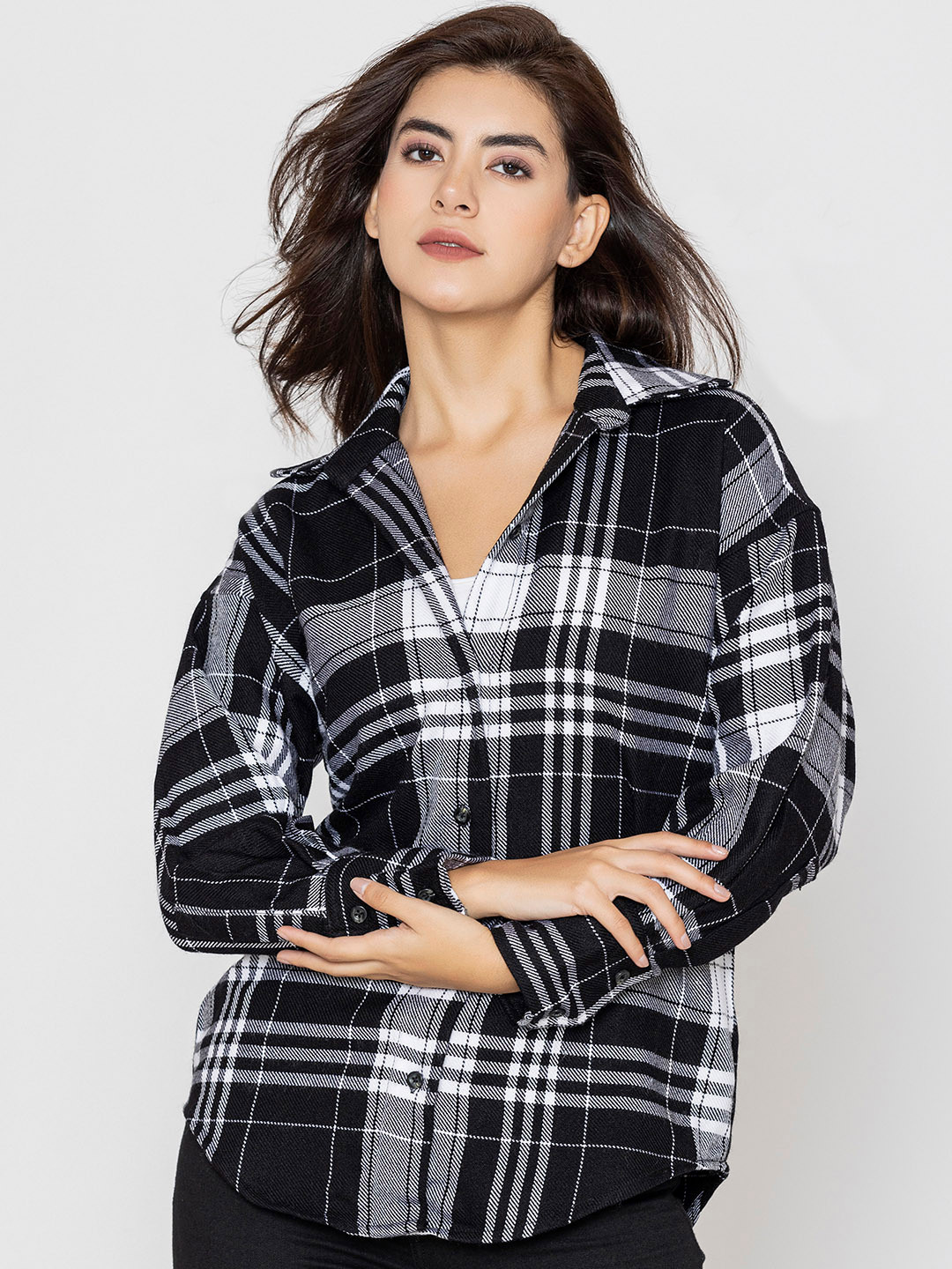 Lounge Dreams Woolen Checked Acrylic Casual Oversized Shirt