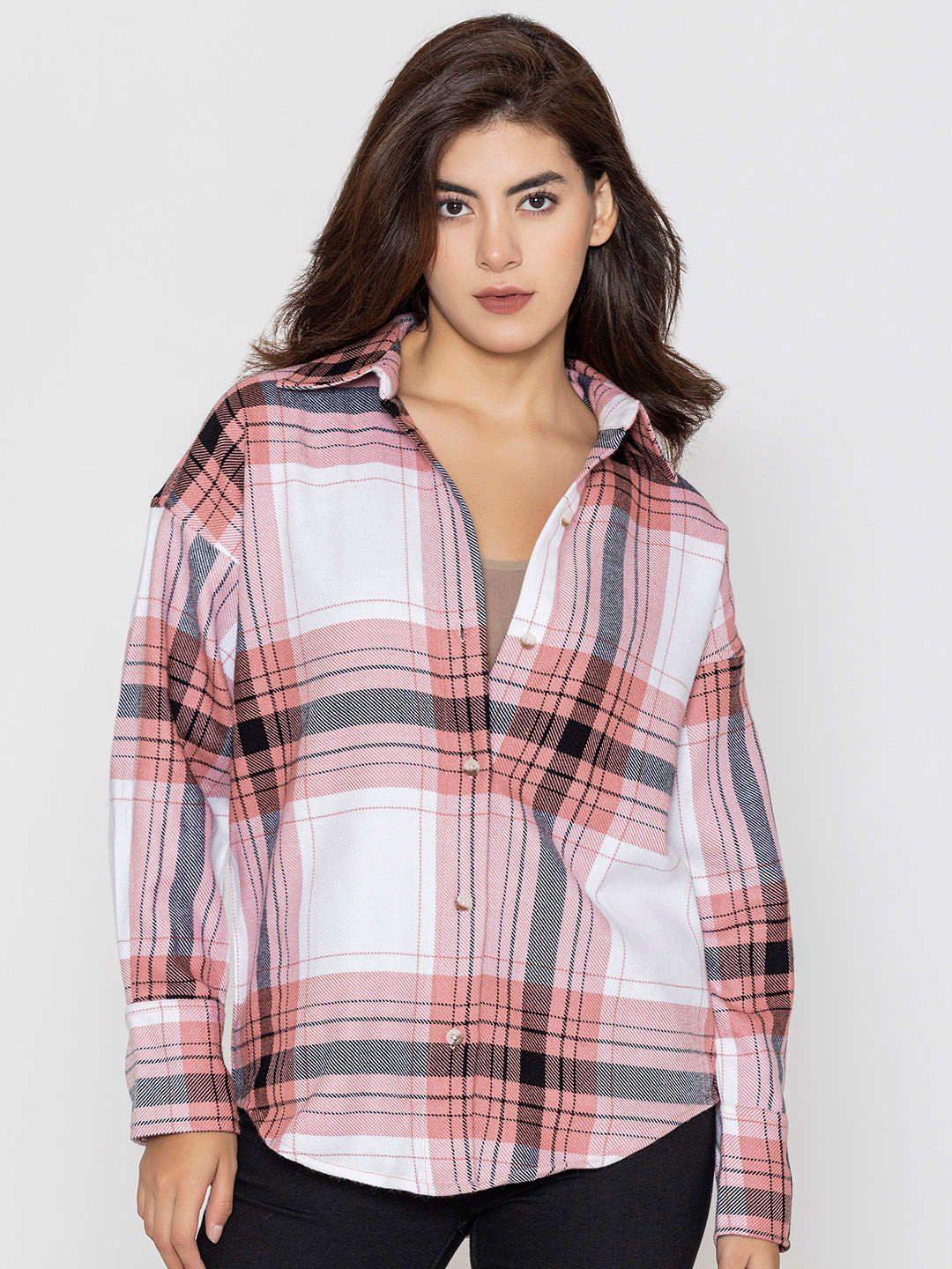 Lounge Dreams Woolen Checked Acrylic Casual Oversized Shirt