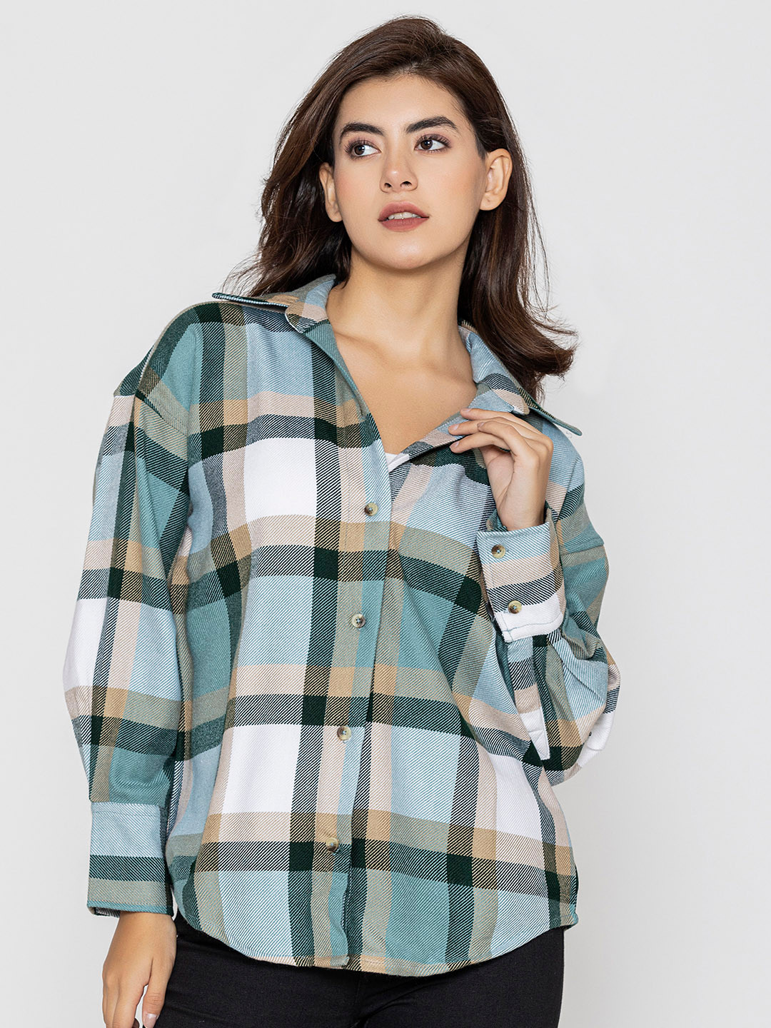 Lounge Dreams Woolen Checked Acrylic Casual Oversized Shirt