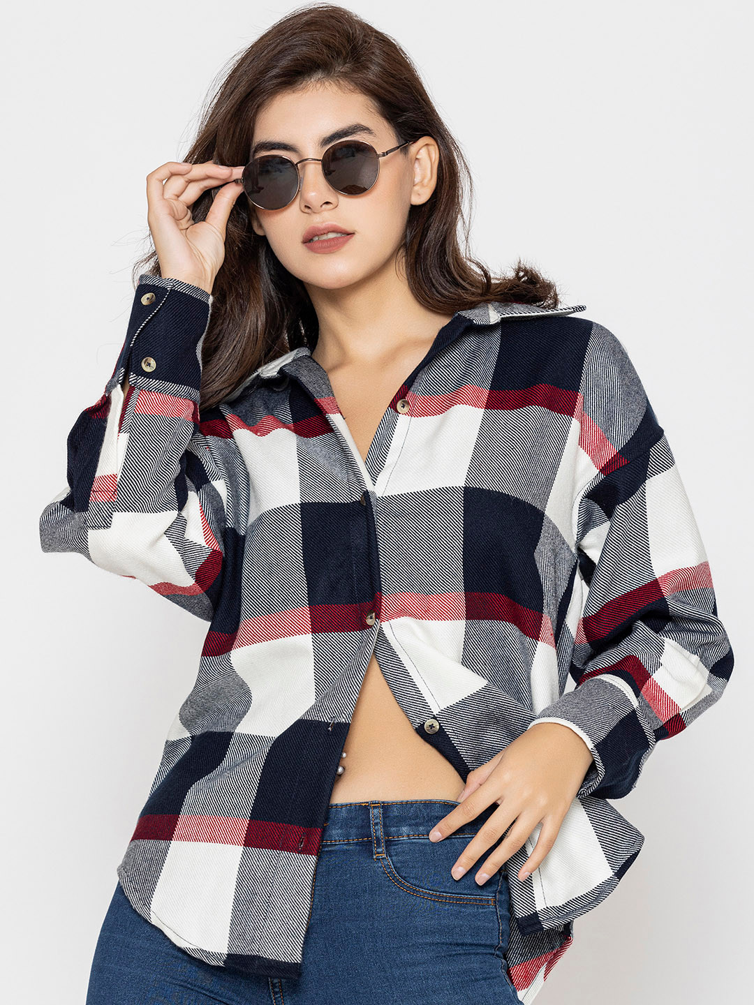 Lounge Dreams Woolen Checked Acrylic Casual Oversized Shirt