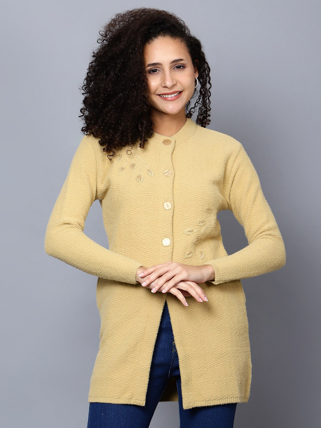 BROOWL Floral Embroidered Woollen Longline Cardigan Sweater