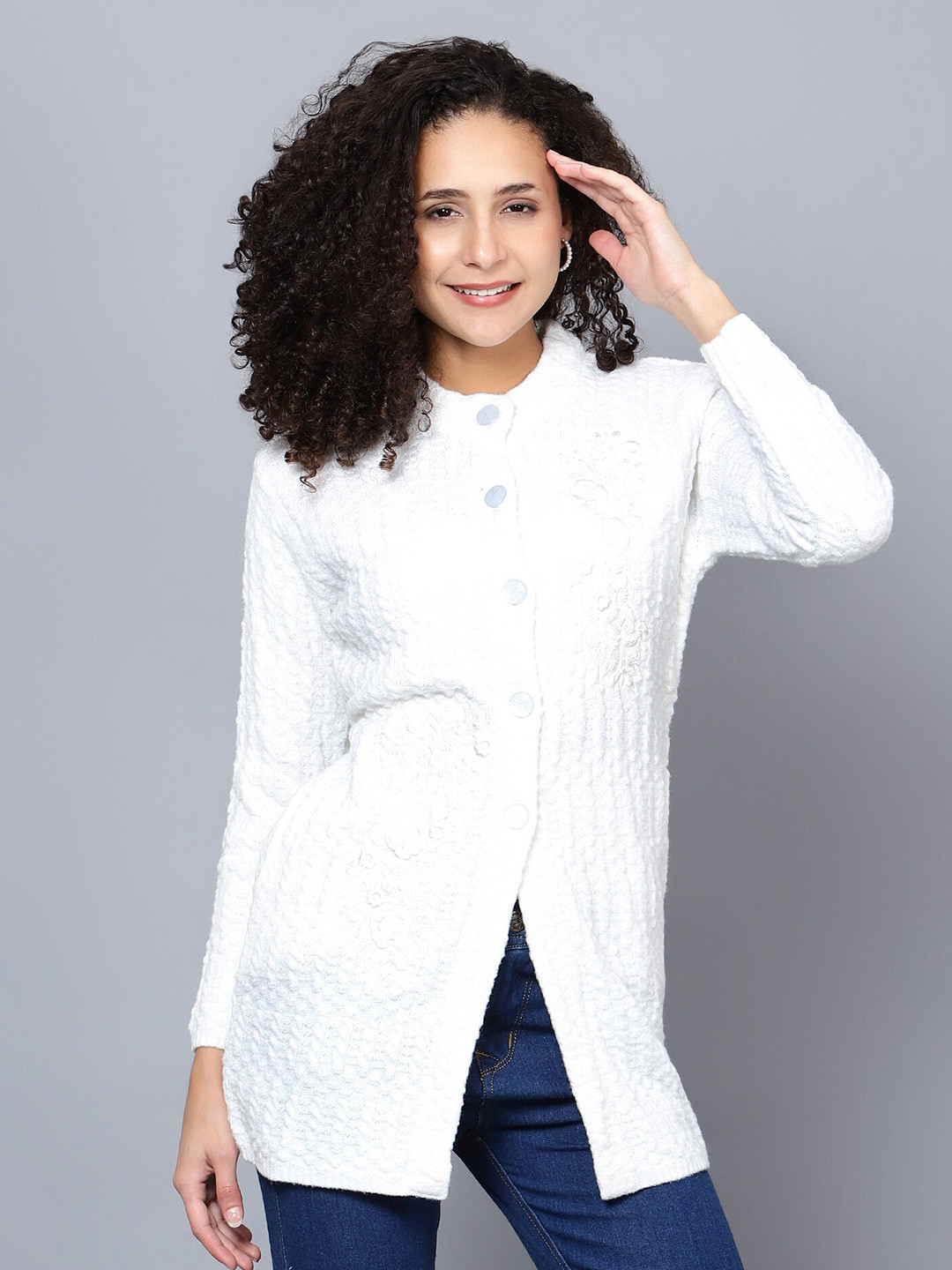 BROOWL Floral Embroidered Woollen Longline Cardigan Sweater