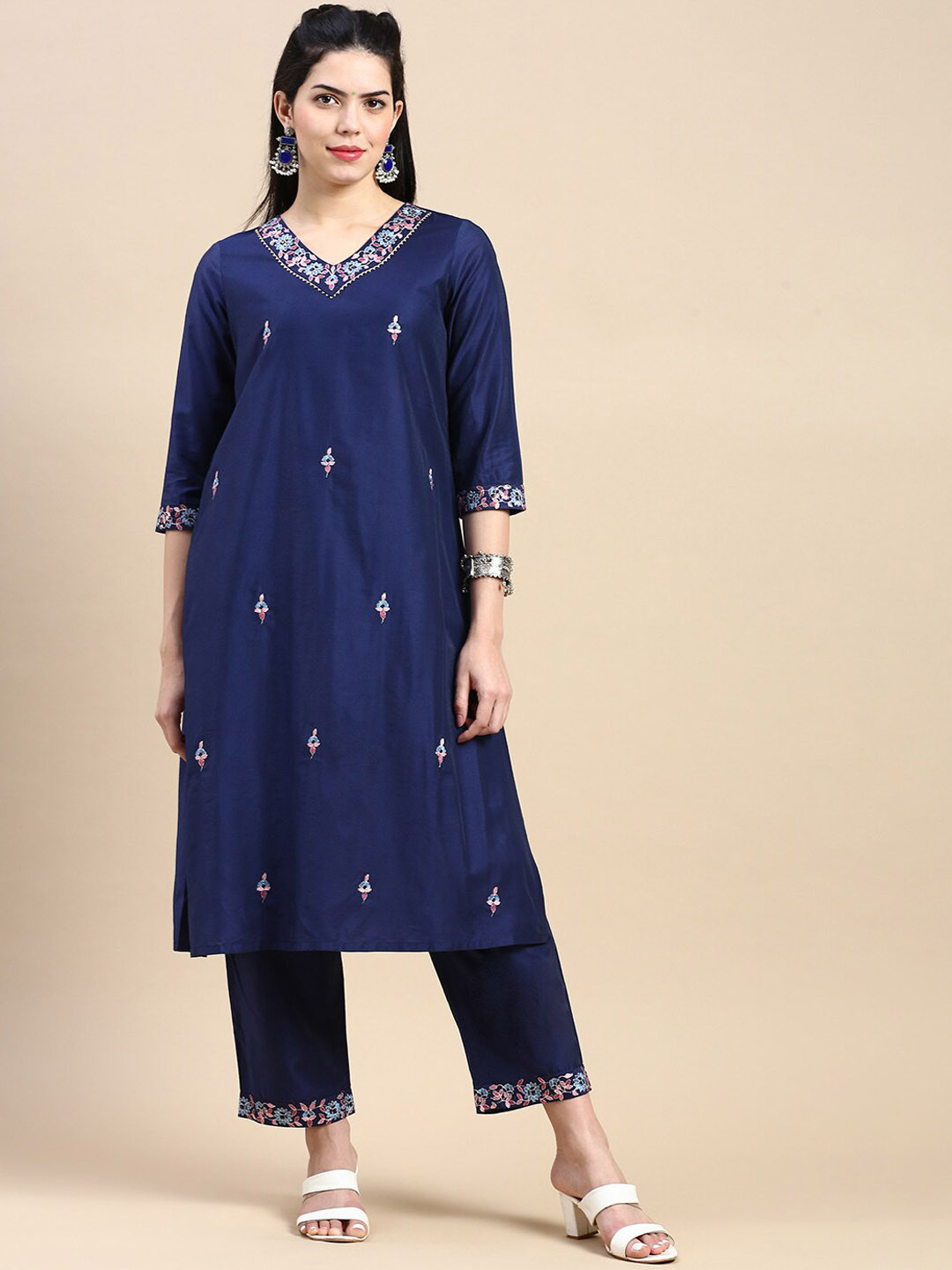 Styli Navy Blue Floral Embroidered V-Neck Kurta with Trousers & Dupatta